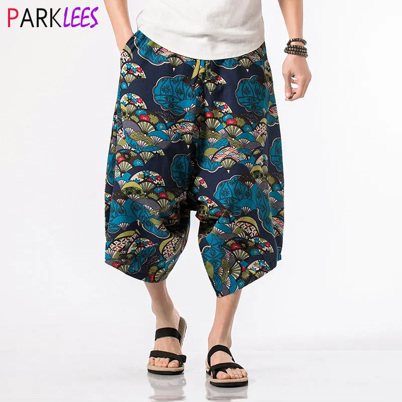 

Men's Ethnic Stylish Capri Pants Baggy Boho Low Crotch Lounge Wide Leg Linen Trousers Casual Summer Beach Hippie 3/4 Pants 5XL