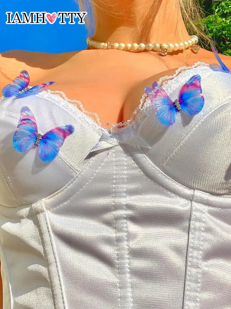 

IAMHOTTY Butterfly Appliques Y2K Crop Top Women White Sexy Corset Fairycore Aesthetic Sleeveless Tops Cute Cami Milkmaid Bustier