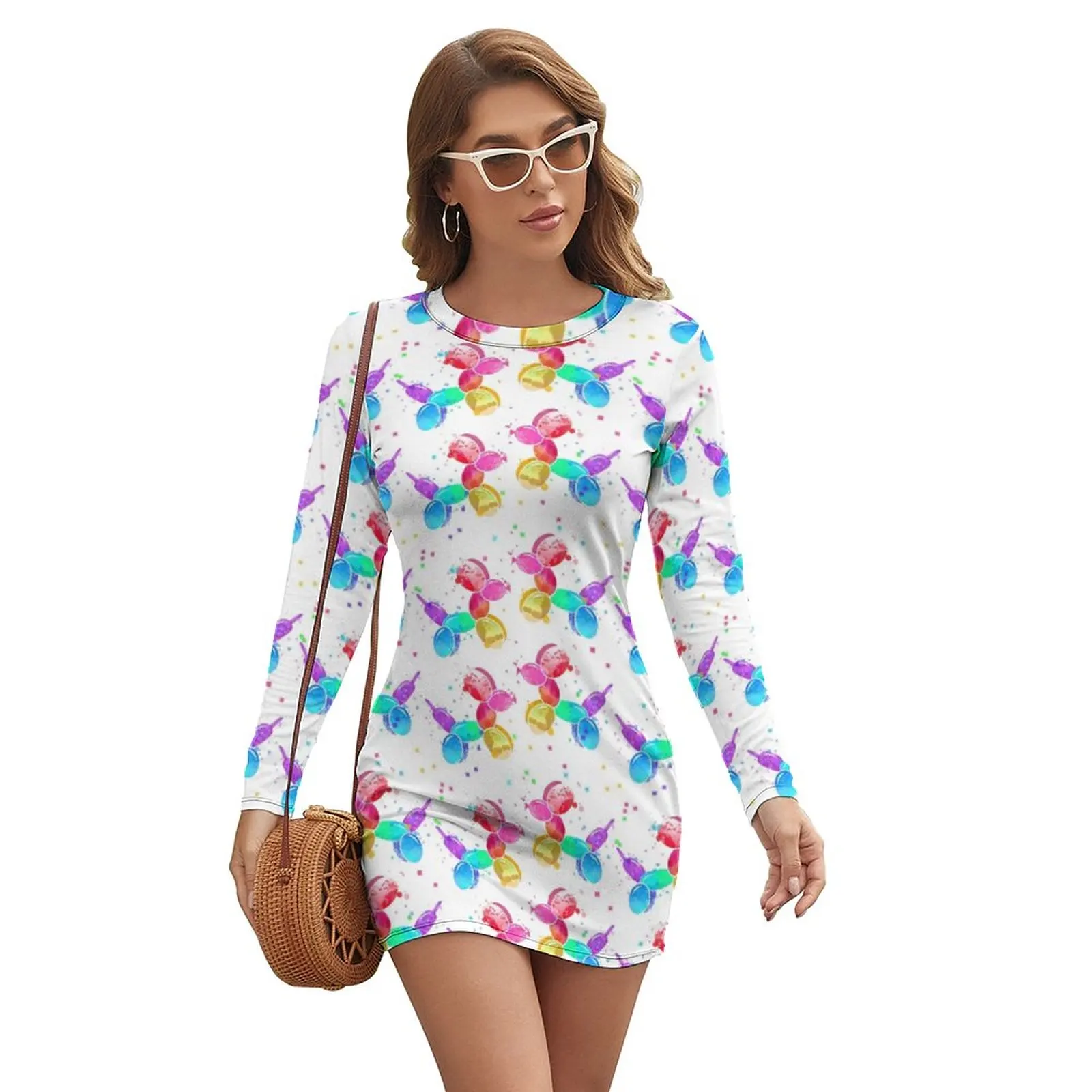 

Balloon Dogs Bodycon Dress Spring Rainbow Animal Print Pretty Dresses Womens Long Sleeve Pattern Street Style Dress Big Size
