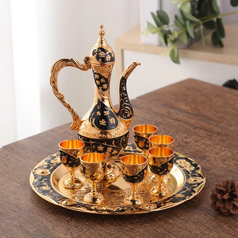

European-Style Vintage Wine Pot Special Color Tin Wine Set Wine Glass Alloy Six Cups Set Home Bar Decoration Golden Home