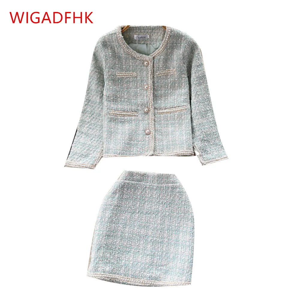 

Elegant Two Piece Skirt Set Single-breasted Plaid knitting Tops Korean Clothing Sexy Short Skirt Fashion 2 Pece Sets Womens