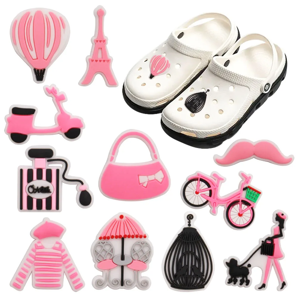 

Hot Sale 1pcs Shoe Charms Pink Fashion Girl Bike Perfume PVC Cute Garden Shoe Buckle Decoration Fit Croc Jibz Kids X-mas Gift