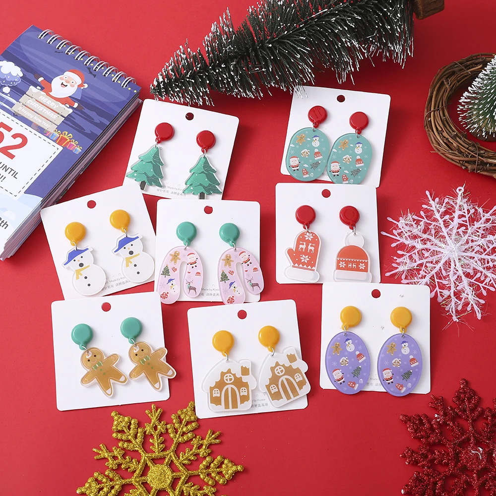 

New Christmas Collection Snowman Christmas Tree Old Man Gingerbread House Gloves Cute Transparent Acrylic Pendant Earrings