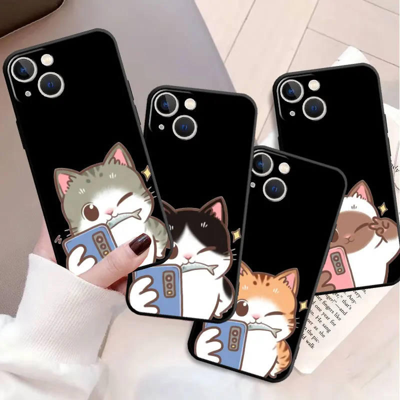 Cute Cartoon Cat Couples Daily Case For Apple iPhone 11 13 14 12 Pro Max 7 8 XR X 6 5 5S SE 2022 Black Silicone Phone Funda