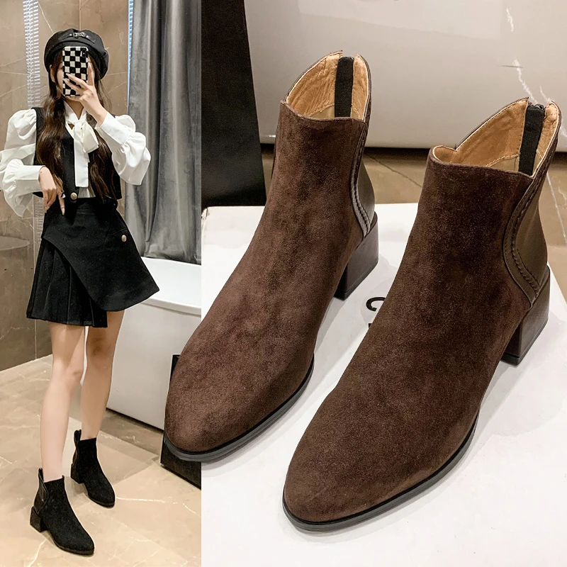 2023 Women Elastic Fabric  Boots Suede Short Boots Fashion Handmade Classic Pointed Toe Sheepskin Insole All-match ankle boots