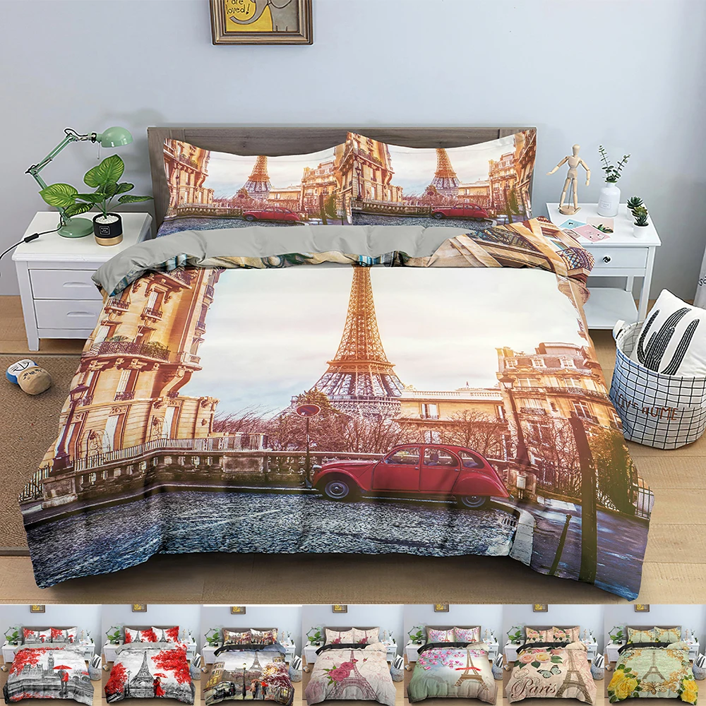 

3D Paris Eiffel Tower Print Duvet Cover Luxury Bedding Set 2/3pcs Single Size Quilt/Comforter Cover Pillowcase Retro Bedclothes