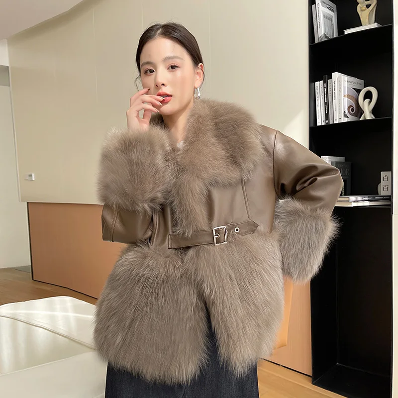 Women Real Fur Coat Autumn Winter Thicken Fox Fur Big Turn-down Collar Stitching Sheepskin Fur Jacket Double-faced Fur Outerwear