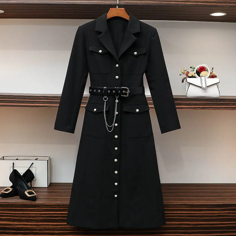 

2023 New Fashion Pearl Breast Mid length Cool Style Classic Black Suit Windbreaker Coat Coat Dress japanese Overcoat poncho