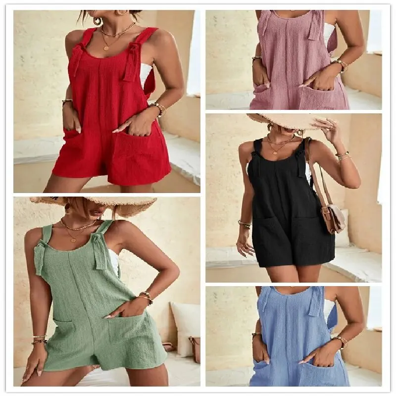 

2023 European and American Solid Color Patch Pocket Lace Up Cotton Hemp Strap Pants Loose Fitting Women's Jumpsuit Streetwear