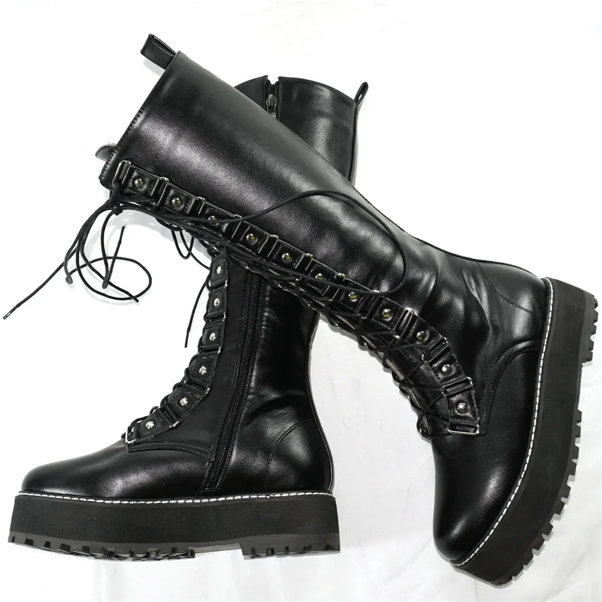 

Winter Warm Pumps Shoes Women Lace Up Straps Med Heel Knee High Motorcycle Boots Female Round Toe Platform Creepers Casual Shoes