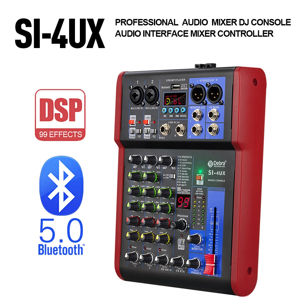 

Debra Pro 4 Channel DJ Controlle With 99DSP Reverb Effect Bluetooth 5.0 USB Mixer USB For Karaoke PC Recording Condenser Mic.