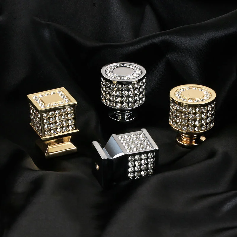 

Diamond Jewel Furniture Drawer Cabinet Knob Square Round Silver Gold Wardrobe Kitchen Cupboard Door Pull Hardware Metal Handle