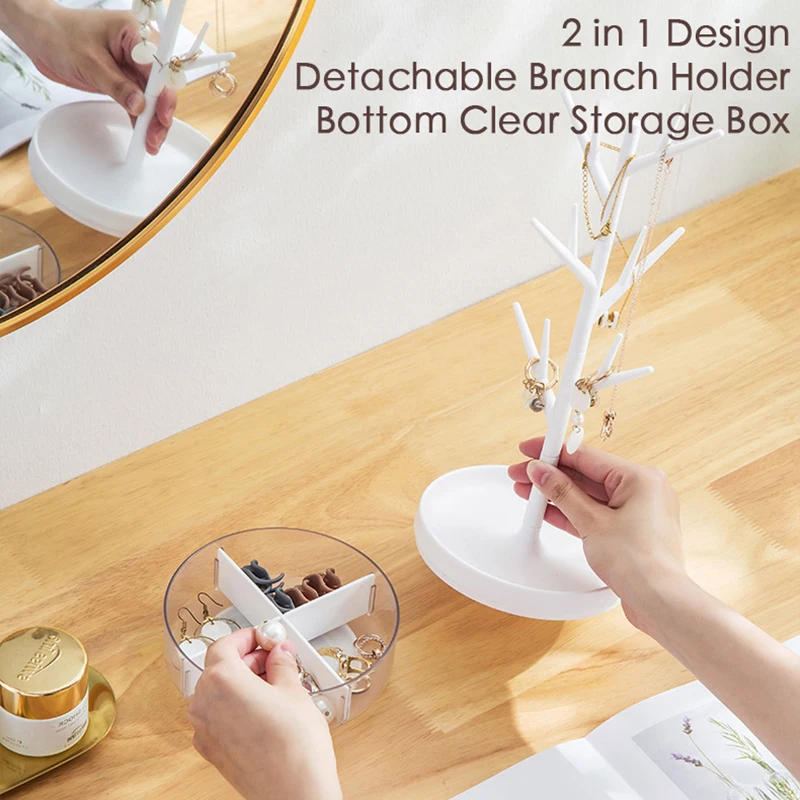 Tree-shaped Rotatable Jewelry Box 2-in-1 Necklace Rings Bracelet Storage Tray Multifunctional Jewelry Display Holder With Hooks