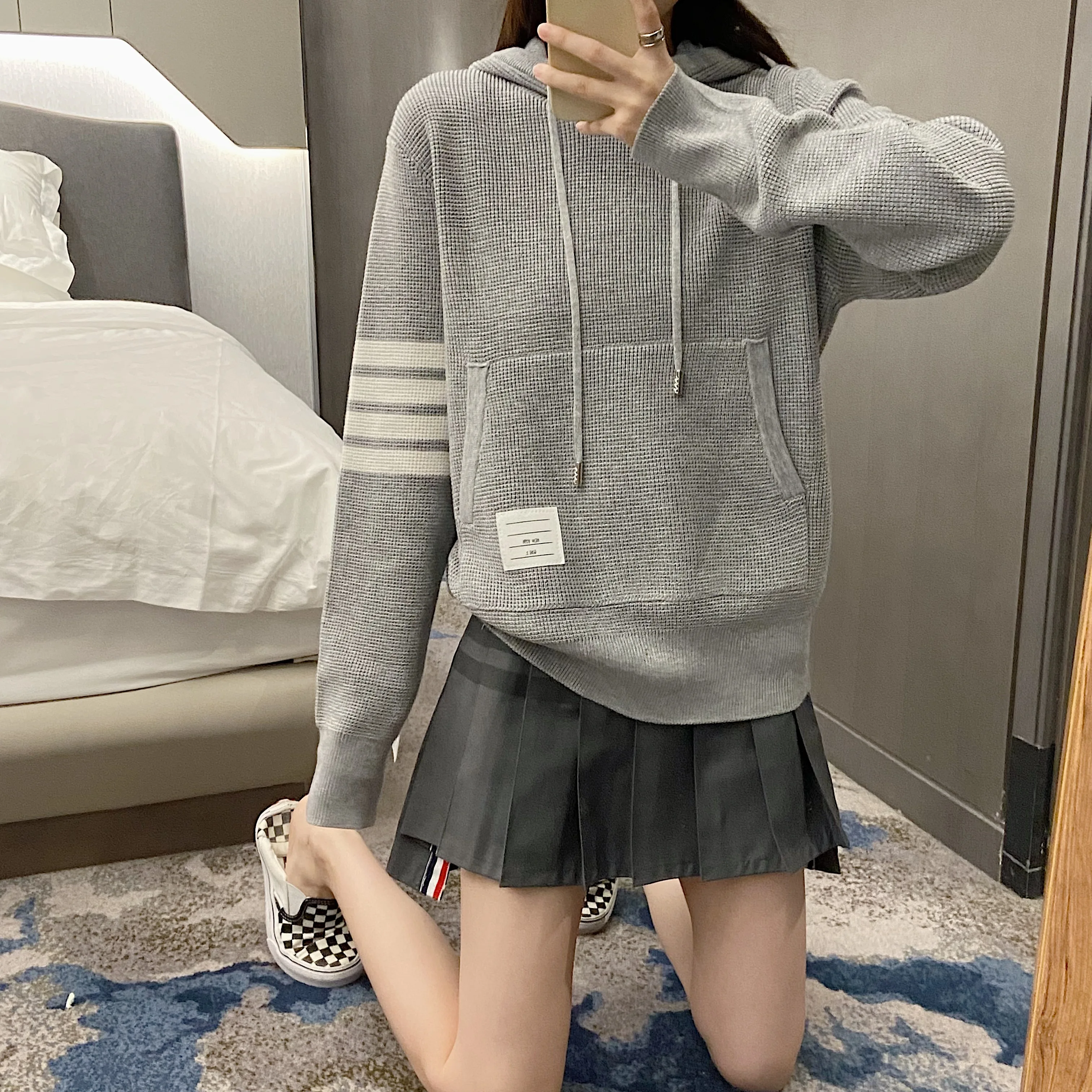 TB High-quality Fashionable Women's Waffle Wool Knitted Hoodie Pullover Top