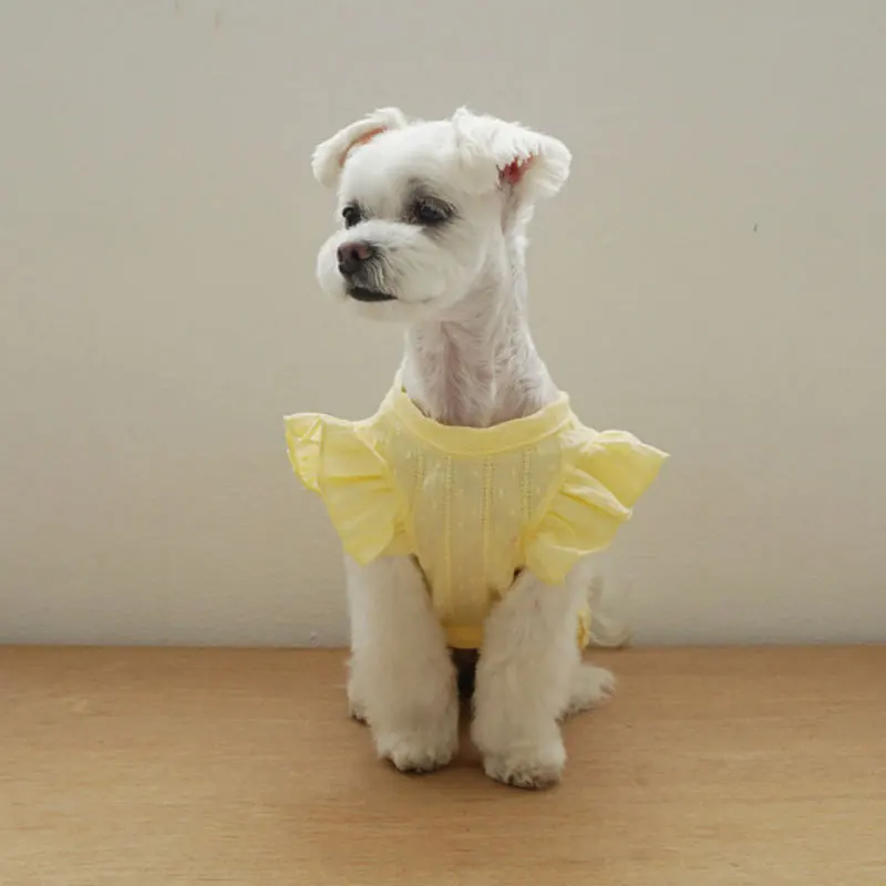 

Spring Summer Dog Clothes Solid Color Small Flying Sleeve Pearl Button Puppy Cat Shirt Kitty Pet Cooling Vest Cute Woven