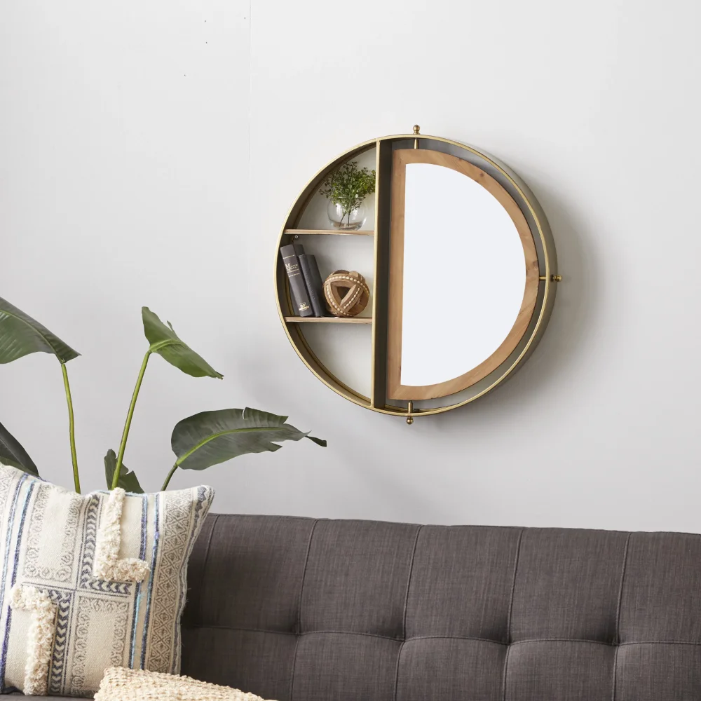 

BOUSSAC 28" X 5" 2-Tier Gold Wall Shelf with Half Moon Shaped Mirror，Wall Shelves, Display Your Vases and Books