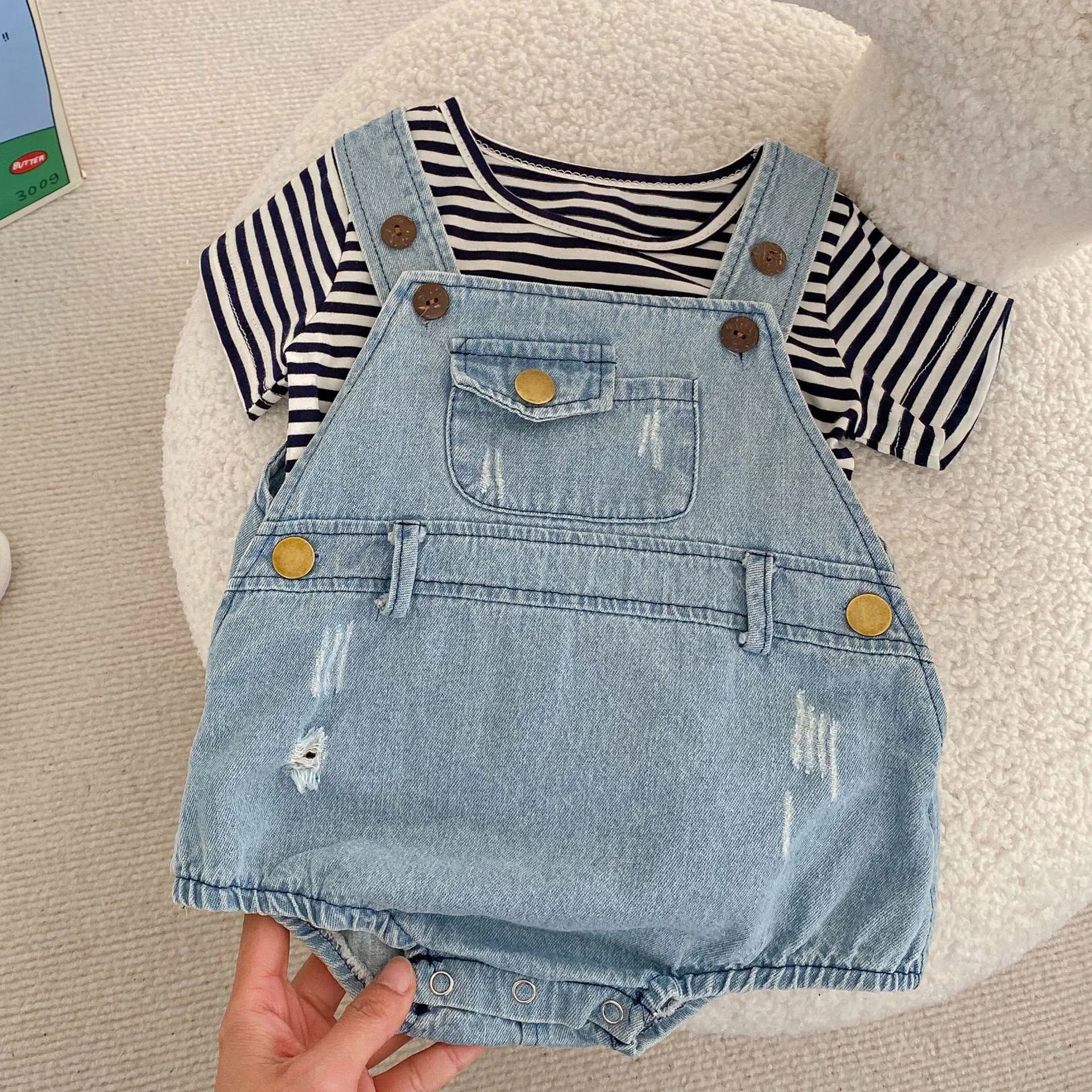 2023 Summer Denim Strap Romper For Kids Clothes Girls Striped T-Shirt Newborn Baby Sets Cute Toddler Boys 2Pcs Suit Baby Costume