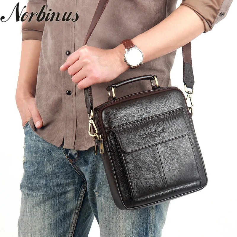 Norbinus Brand Genuine Leather Man Shoulder Bags Fashion Flap Cow Leather Messenger Bag for Male Men's Casual Tote Handbags