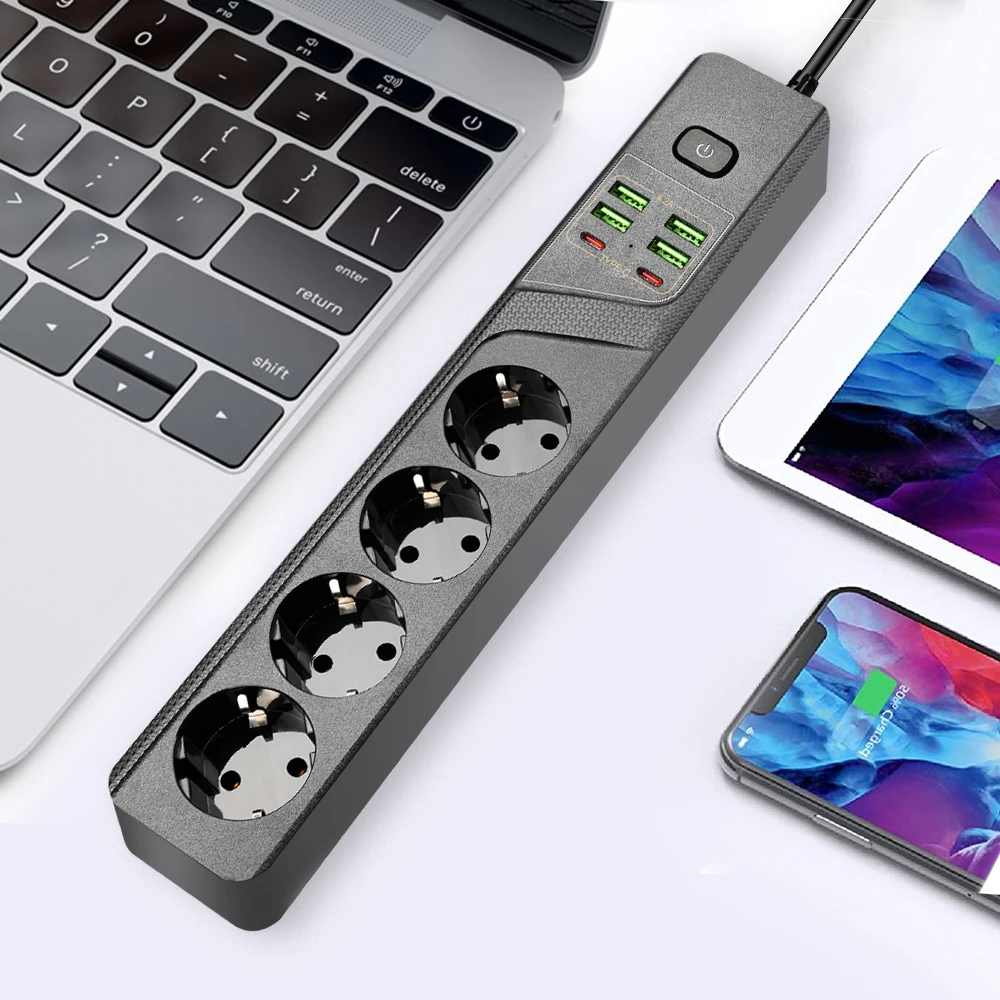 Адаптер удлинителя Power Strip Euro Plug 2 м с 4 розетками и 6 USB-портами для зарядки Type-C