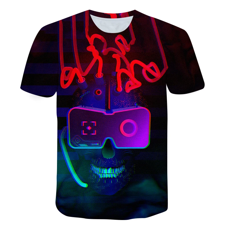 

3D Printing Horror Skeleton Street Fashion Personality Skeleton Short-Sleeved All-Match Loose Casual Hip-Hop Rap Style O-Neck Bl