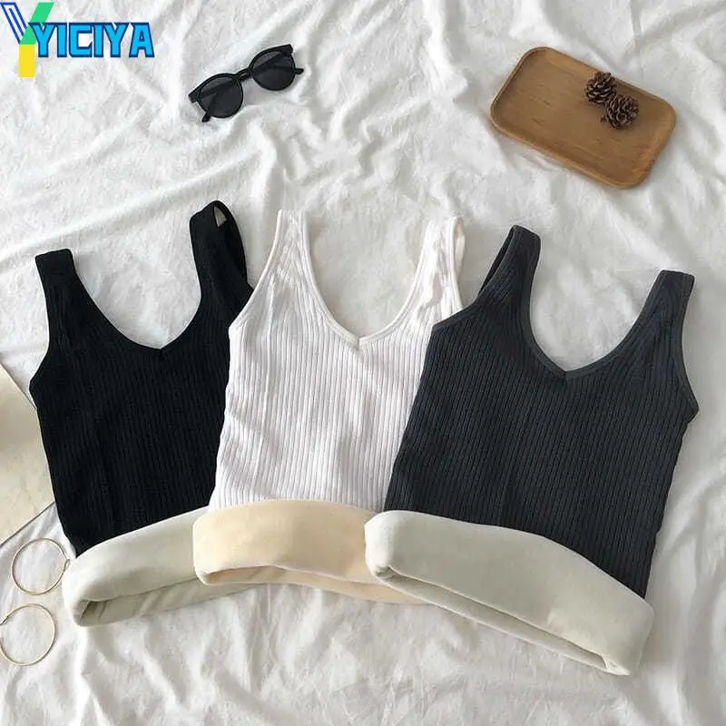 YICIYA Warm Vest Women Winter Underwear Tops Velvet Thick Thermal Female Bottoming V Neck Solid Thermo Clothing Ladies Tank Top