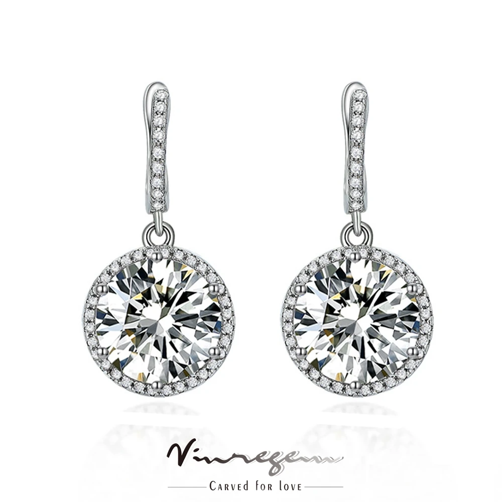 

Vinregem Real 925 Sterling Silver Round 4CT VVS Simulated Moissanite Gemstone Wedding Drop Earrings for Women Gift Drop Shipping