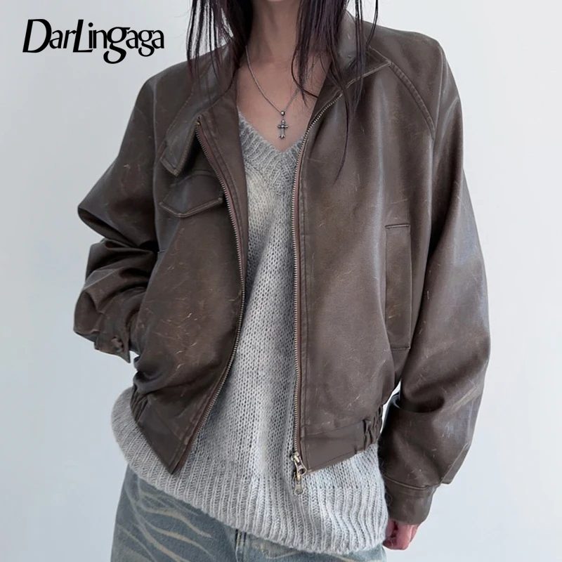 

Darlingaga Grunge Fairycore Chic Leather Jacket Female Fashion Zipper Autumn Winter Distressed Coat Vintage Outwear PU Jackets