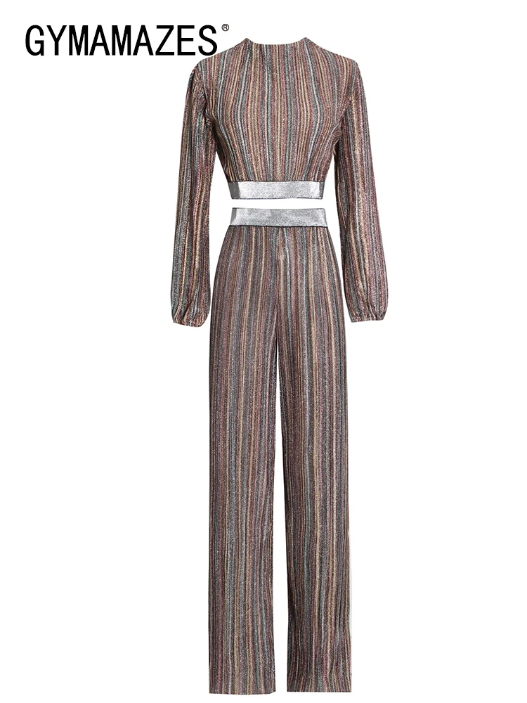 

GYMAMAZES Vintage Spring Set For Women Round Neck Long Sleeve Tops High Waist Straight Pants Female Striped Sets Clothing Style