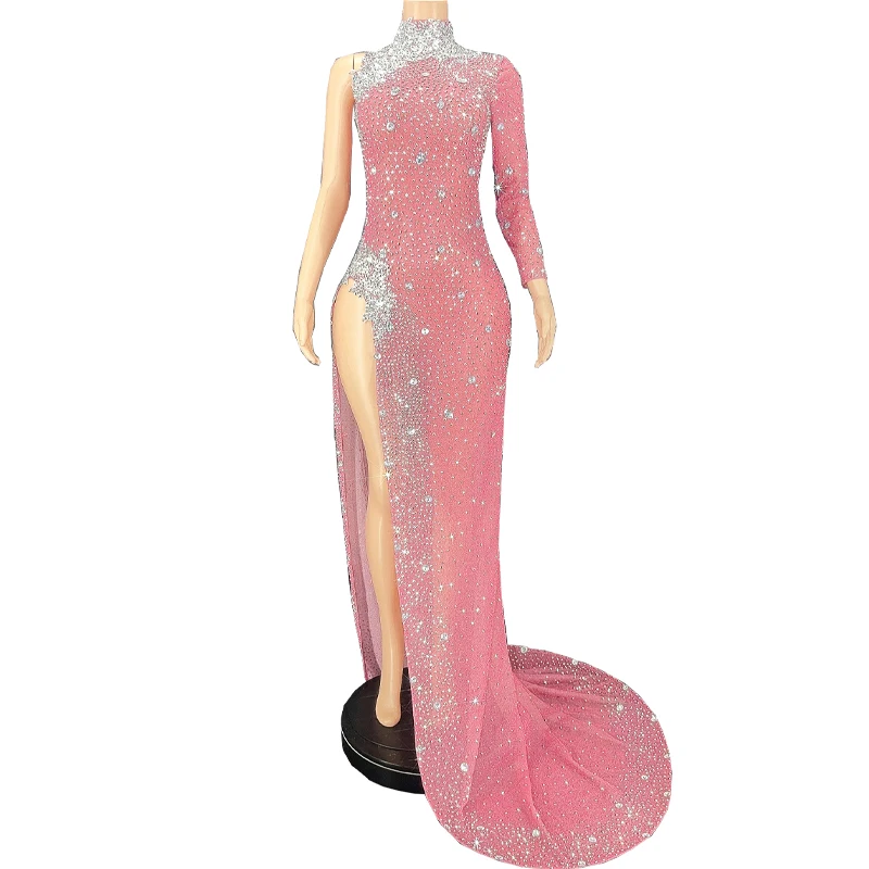 

Rhinestone Women Sexy Single Shoulder Long Dress Prom Party Costume