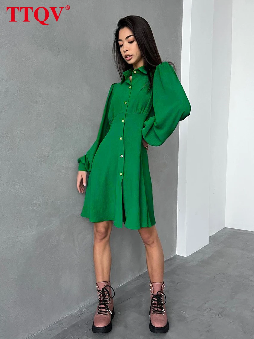 Модное зеленое мини-платье с отложным воротником TTQV повседневное однобортное