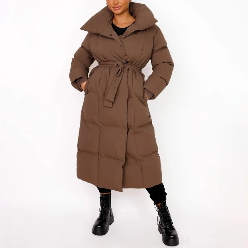 Malina Thick Loose Parkas Women Fashion Solid Covered Button Coats Women Elegant Tie Belt Long Cotton Jackets Female Ladies