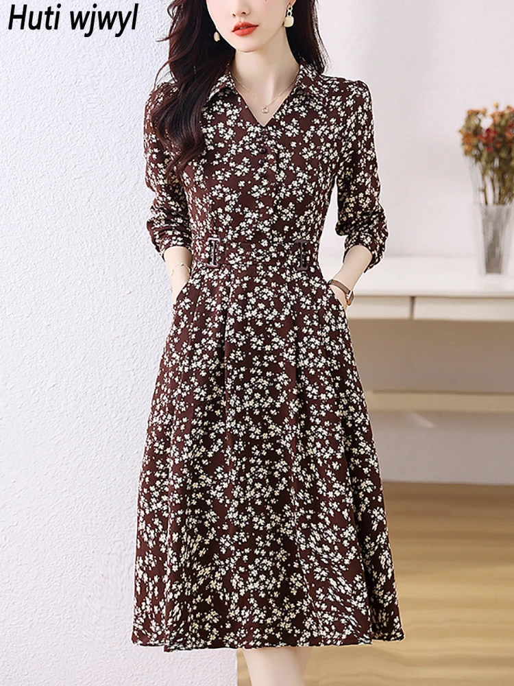 

Осенне-зимнее цветочное Повседневное платье средней длины для выпускного вечера женское элегантное облегающее женское платье 2023 корейское модное шикарное платье с длинным рукавом