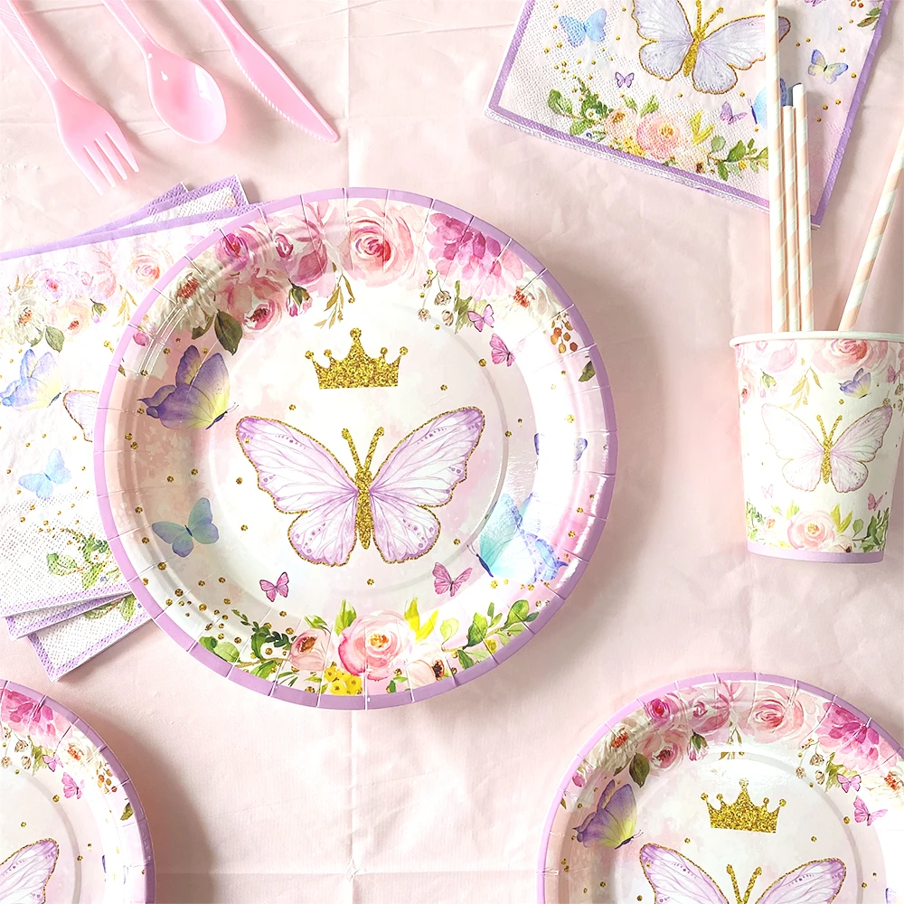 

Столовая посуда в виде бабочки для вечерние, розовая тарелка, кружка, однотонная скатерть, оформление для дома на день рождения, подарок для будущей мамы