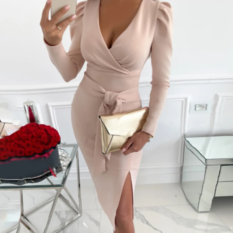 

V-neck Female Long Dress 2022 Spring Elegant Long Sleeve Belted Women Dress Straight Loose Vestidos belt