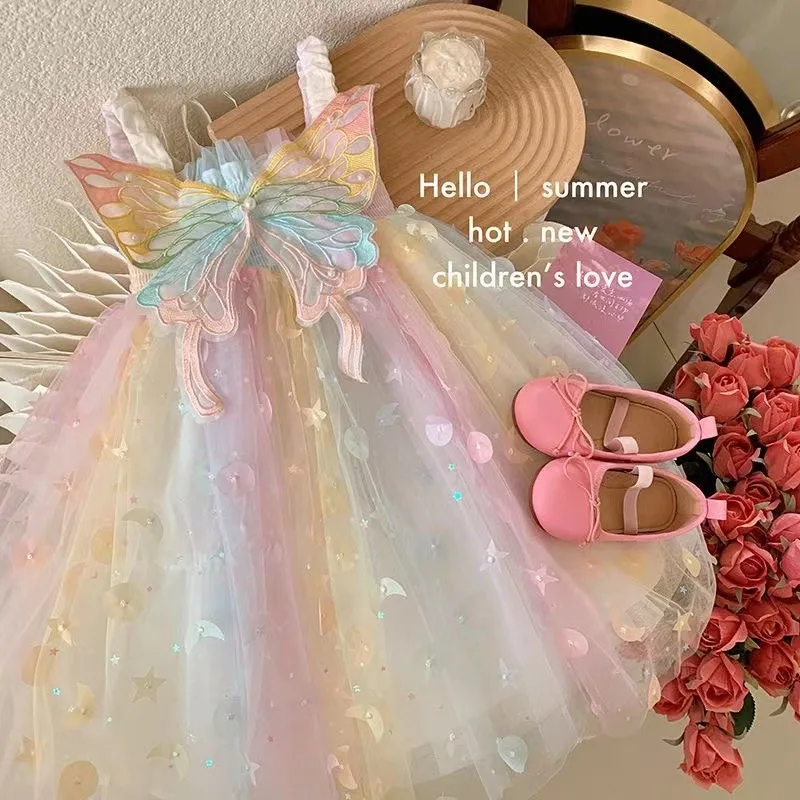 

Summer Baby Girl Colorful Rainbow Butterfly Wing Fairy Skirt Children Bubble Sleeve Fluffy Mesh Sling Princess Dress Kid Clothes