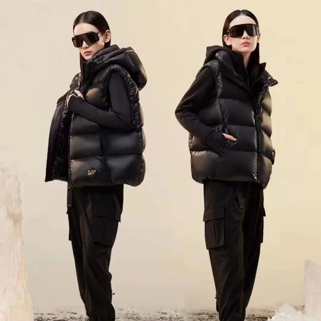 

Down Tank Top Women's Black Gold Down Vest Short Outwear 2023 New Autumn/Winter Loose Vest Hooded Sweetheart