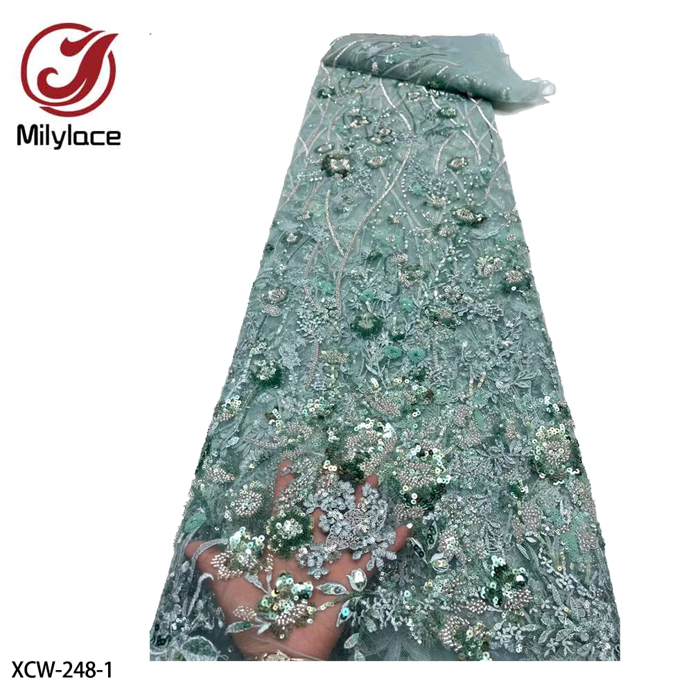 

Luxury Heavy Beaded Lace Fabric Handmade Sequins Laces French Net Tulle Lace Fabric for Wedding Dress XCW-248
