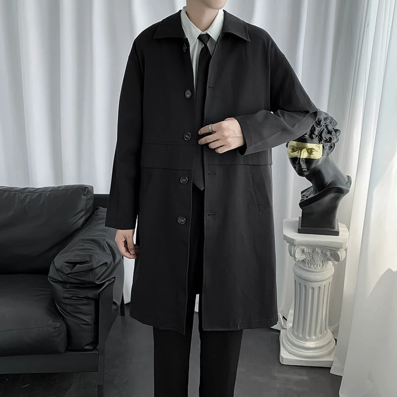 

Relaxed and handsome spring and autumn coat, plain casual men's coat, autumn mid-length lapel trench coat,