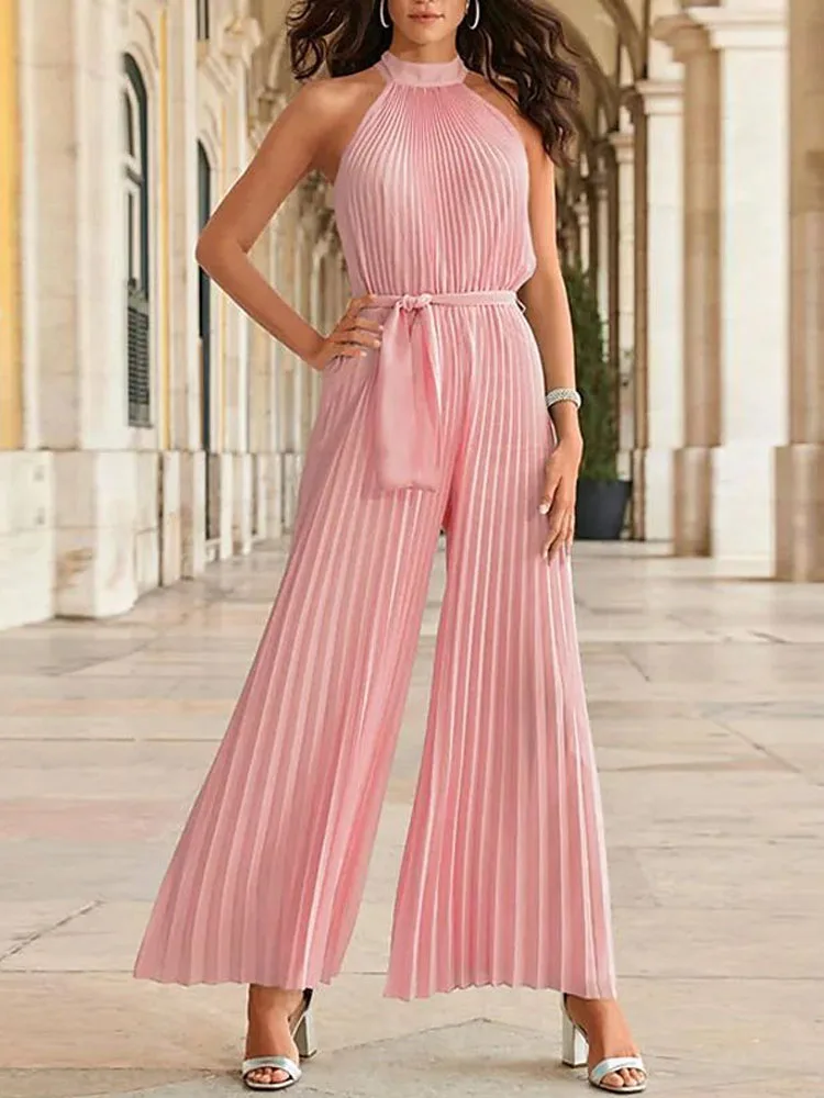 

Women Sleeveless Jumpsuit Solid Pleated Ruched Party Playsuit Ladies Elegant Halter Office Rompers Wide Leg Pants Streetwear