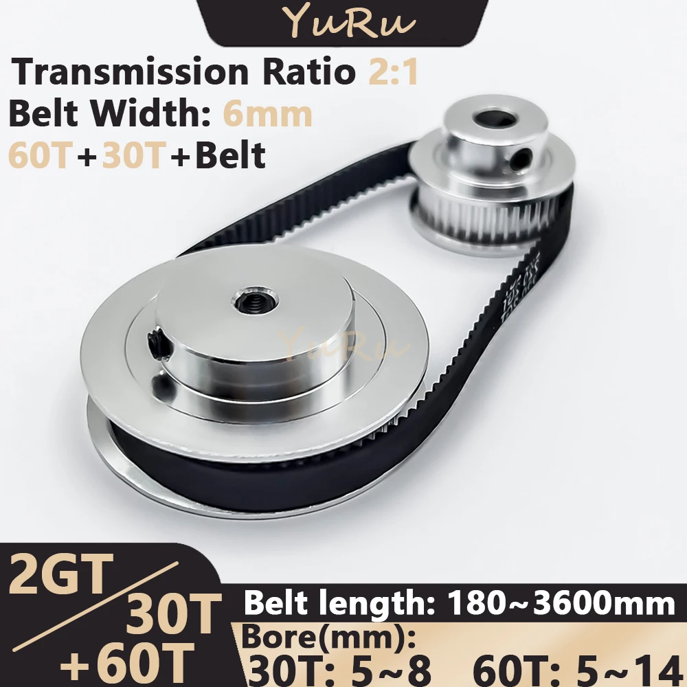 

2GT 2M 30 60Teeth GT2 30T 60T 2:1 Timing Pulley Belt Kit Bore 5~14mm Belt Width 6mm Tensioning Wheel Synchronous Pulley Belt Set