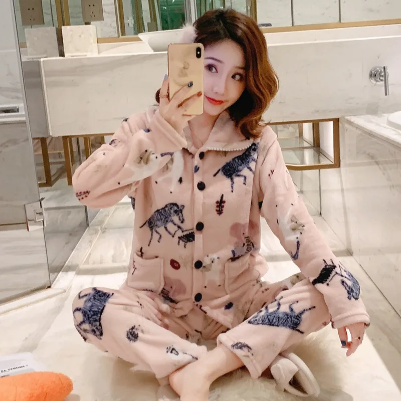 Autumn and Winter New Women's Pajamas Flannel Padded Cardigan Home Service Sleepwear Sleep Tops Pajamas for Women Pijamas
