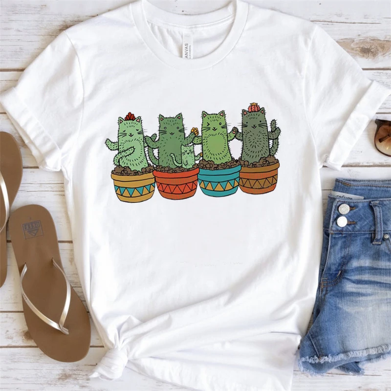 

Women Clothes Cat Plant Funny Time Ladies Cartoon Fashion Short Sleeve Summer Print Tshirt Female Tee Top Graphic T-shirt