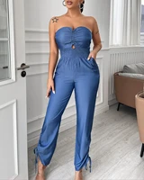 womens jumpsuit long sleeveless sexy strapless hollowed out crepe seam pocket design jumpsuit