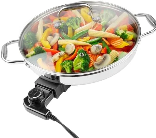 

By Cucina Pro - 18/10 Stainless Steel Frying Pan with Tempered Glass Lid and Handles, 12" Round, Adjustable Temperature Cont