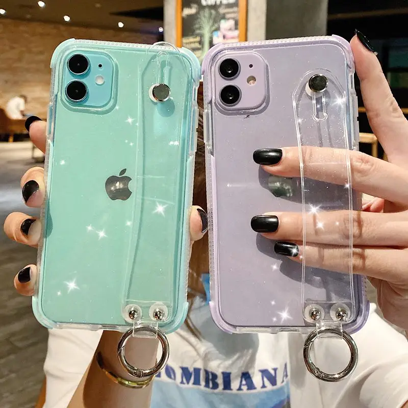 

Luxury Transparent Wrist Strap Phone Case For iPhone 11 12 mini Pro Max X XR XS Max 7 8 Plus SE 2020 Kickstand Case Cover