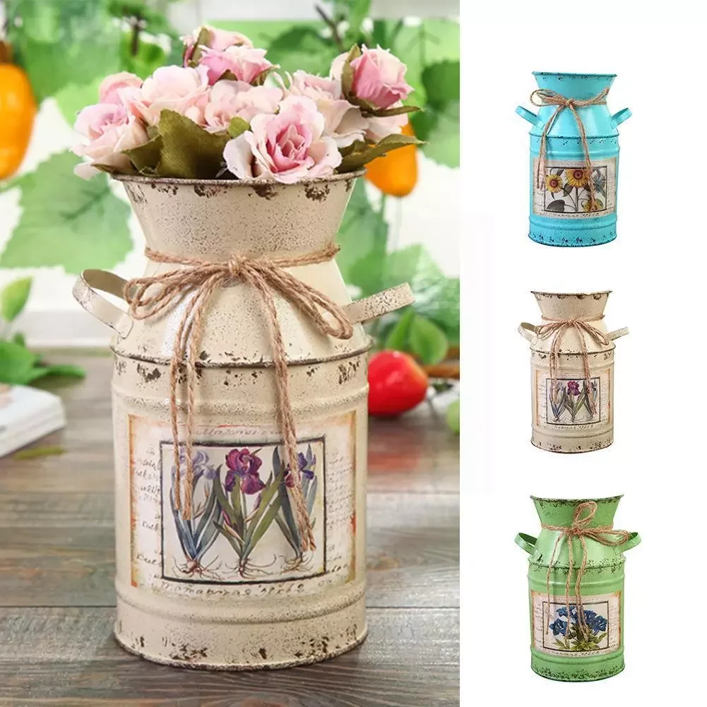 

NEW Creative Retro Vase Milk Jug Shape Rope Bedroom Bucket Living Room Decor Tin Bottle Decoration Can Pot Country