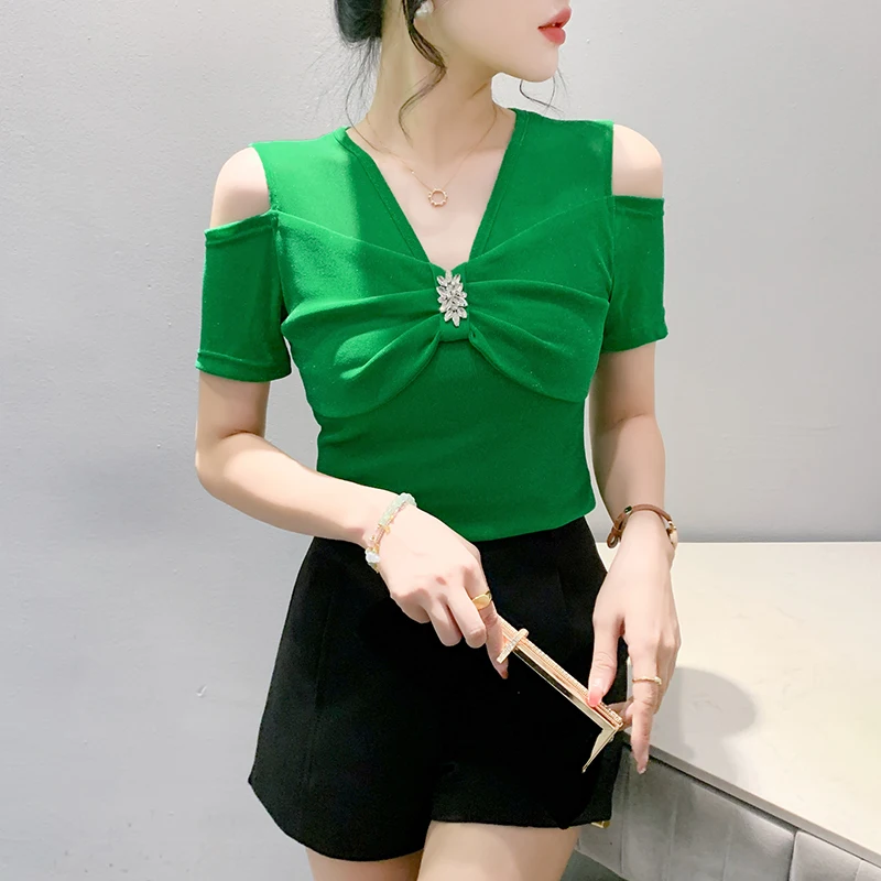 Женская футболка с V-образным вырезом и бантом коротким рукавом