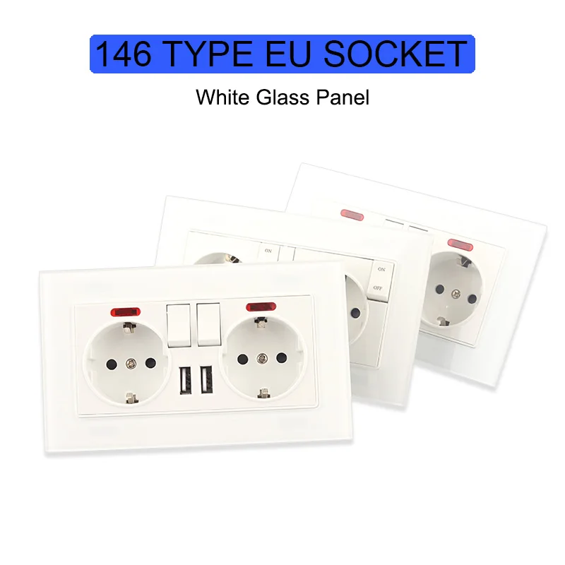 

EU Standard 16A Wall Double Power Socket With Switch LED indicator USB Charge Ports 146mm*86mm Crystal Glass Wall Power Outlet