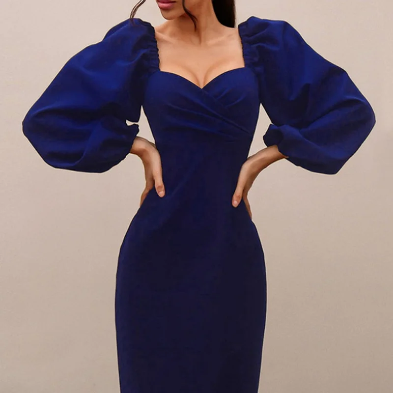 

2022 New Ladies Elegant Dress Skirt Temperament Waist Puff Sleeves Mid-length Square Neckline Shoulder Sexy Slim All-match Dress
