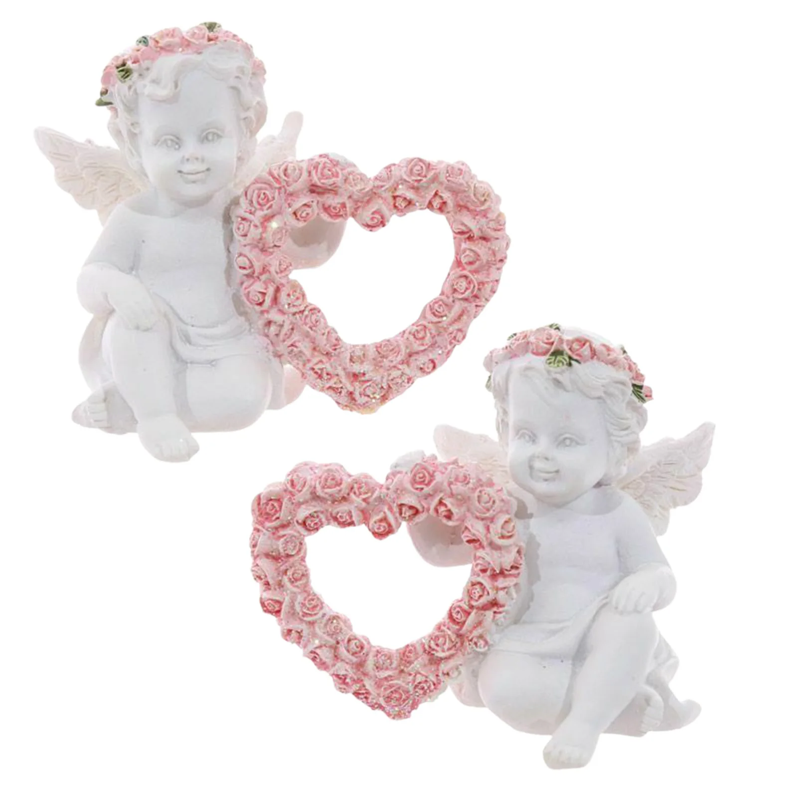 

Статуэтка из смолы Cherubs 2 шт., статуэтка с белым гелем в форме сердца, венок с розой, скульптура для дома и улицы, украшение для сада и патио